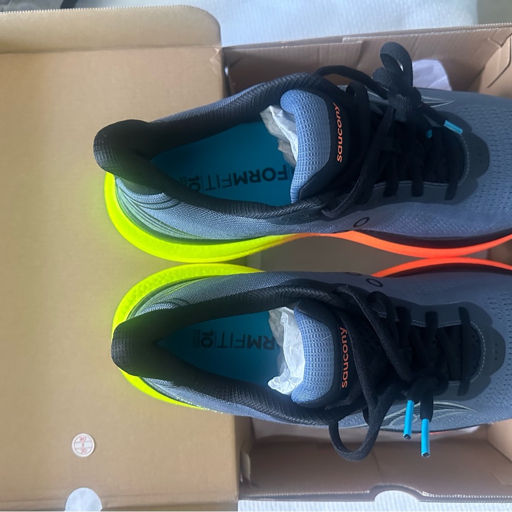 Saucony Men’s Gray Knit Running Shoes with Neon Orange and Yellow Gradient Soles - Picture 3 of 7